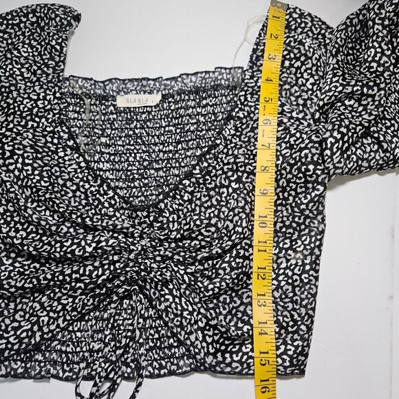 ILLA ILLA L Top Womens Large Black White Ruched Long Sleeve Sheer Smocked Blouse - Picture 8 of 8